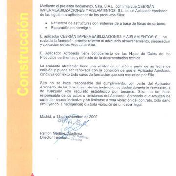 Certificado aplicador aprobado Sika