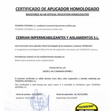 Certificado aplicador homologado Tecnocoat