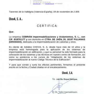 Certificado instalador asfaltos Chova